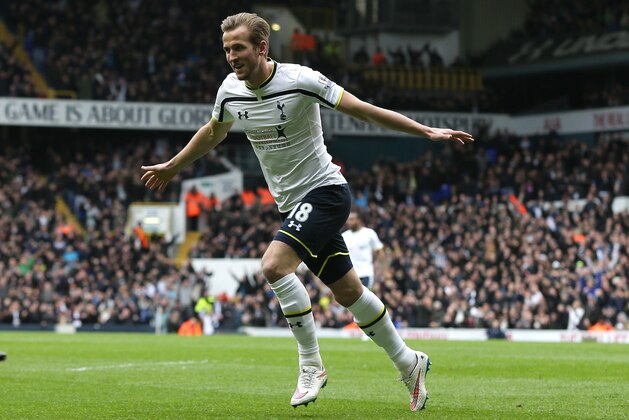 Tottenham Hotspur’s Harry Kane celebrates after scoring his second goal during the English Premier League soccer match between Tottenham and Leicester City at White Hart Lane, London, Saturday, March 21, 2015. (AP Photo/Tim Ireland)