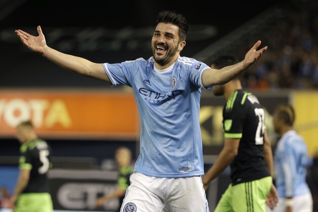 New York City FC's David Villa reacts after no foul was called during the second half of an MLS soccer game against the Seattle Sounders FC at Yankee Stadium in New York, Sunday, May 3, 2015. The Sounders defeated the New York City FC 3-1. (AP Photo/Seth Wenig)