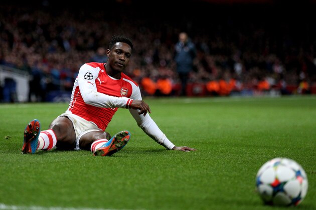 LONDON, ENGLAND - FEBRUARY 25:  Danny Welbeck of Arsenal reacts vafter being brought down by Elderson Uwa Echiejile of Monaco during the UEFA Champions League round of 16, first leg match between Arsenal and Monaco at The Emirates Stadium on February 25, 2015 in London, United Kingdom.  (Photo by Clive Mason/Getty Images)
