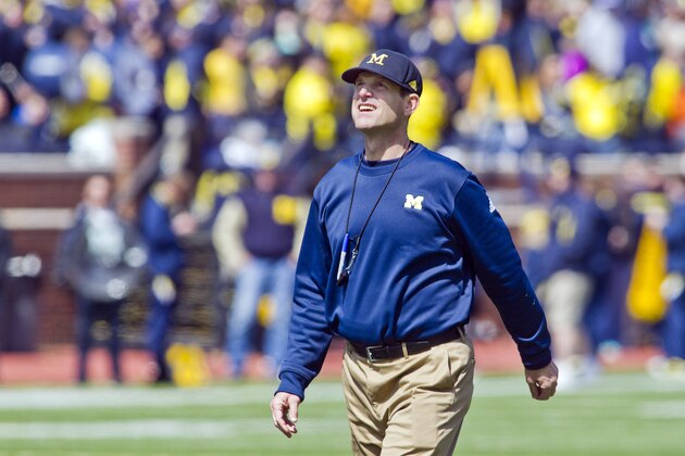 Michigan head coach Jim Harbaugh walks the field between downs during the NCAA college football team's spring game in Ann Arbor, Mich., Saturday, April 4, 2015. (AP Photo/Tony Ding)