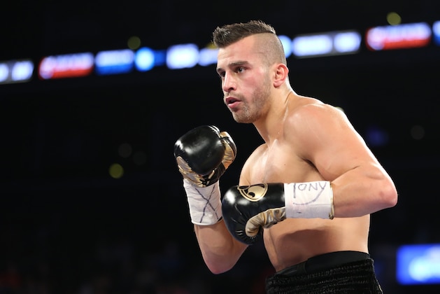 David Lemieux in action against Gabriel Rosado during their middleweight fight at the Barclay's Center in Brooklyn, NY on Saturday, November 6, 2014.  Lemieux won via 10th round TKO.  (AP Photo/Gregory Payan)