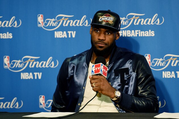 OAKLAND, CA - JUNE 14: LeBron James #23 of the Cleveland Cavaliers speaks to the media after their 104 to 91 loss in overtime the Golden State Warriors during Game Five of the 2015 NBA Finals at ORACLE Arena on June 14, 2015 in Oakland, California. NOTE TO USER: User expressly acknowledges and agrees that, by downloading and or using this photograph, user is consenting to the terms and conditions of Getty Images License Agreement. (Photo by Thearon W. Henderson/Getty Images) OAKLAND, CA - JUNE 14: LeBron James #23 of the Cleveland Cavaliers speaks to the media after their 104 to 91 loss in overtime the Golden State Warriors during Game Five of the 2015 NBA Finals at ORACLE Arena on June 14, 2015 in Oakland, California. NOTE TO USER: User expressly acknowledges and agrees that, by downloading and or using this photograph, user is consenting to the terms and conditions of Getty Images License Agreement. (Photo by Thearon W. Henderson/Getty Images)