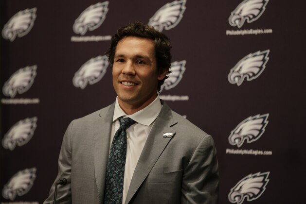 Newly-acquired Philadelphia Eagles quarterback Sam Bradford answers a question during a news conference at the team's NFL football practice facility, Wednesday, March 11, 2015, in Philadelphia. (AP Photo/Matt Slocum)