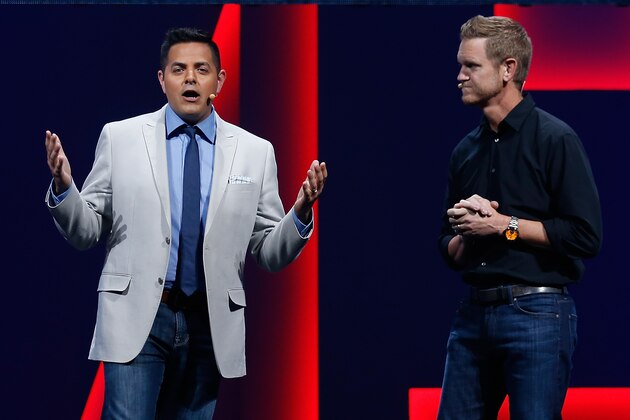 LOS ANGELES, CA - JUNE 15:  ESPN journalist Robert Flores (L) and Senior Producer Seann Graddy (R) introduce 'Madden NFL 16' during the Electronic Arts E3 press conference at the LA Sports Arena on June 15, 2015 in Los Angeles, California. The EA press conference is held in conjunction with the annual Electronic Entertainment Expo (E3) which focuses on gaming systems and interactive entertainment, featuring introductions to new products and technologies.  (Photo by Christian Petersen/Getty Images)