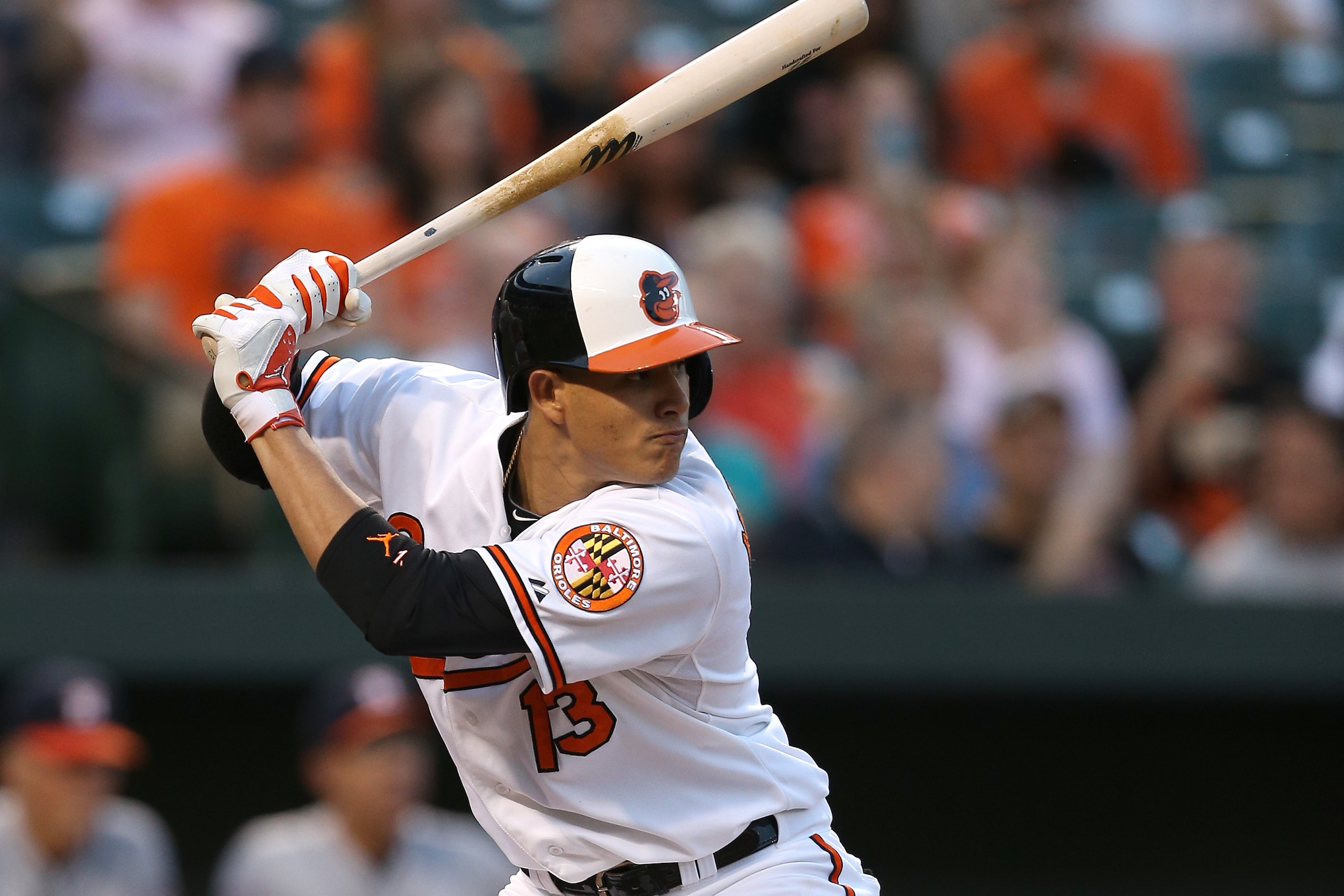 BALTIMORE, MD - MAY 26: Manny Machado #13 of the Baltimore Orioles bats against the Houston Astros at Oriole Park at Camden Yards on May 26, 2015 in Baltimore, Maryland. The Houston Astros won, 4-1. (Photo by Patrick Smith/Getty Images)
