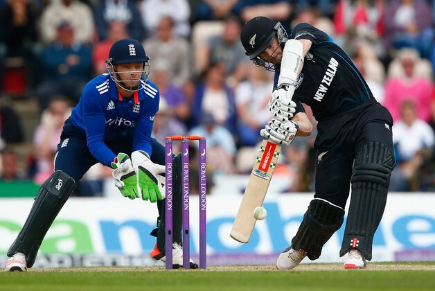 SOUTHAMPTON, ENGLAND - JUNE 14:  Kane Williamson of New Zealand plays a shot as wicket keeper Jos Buttler of England looks on during the 3rd ODI Royal London One-Day Series 2015 at the Ageas Bowl on June 14, 2015 in Southampton, England.  (Photo by Julian Finney/Getty Images)