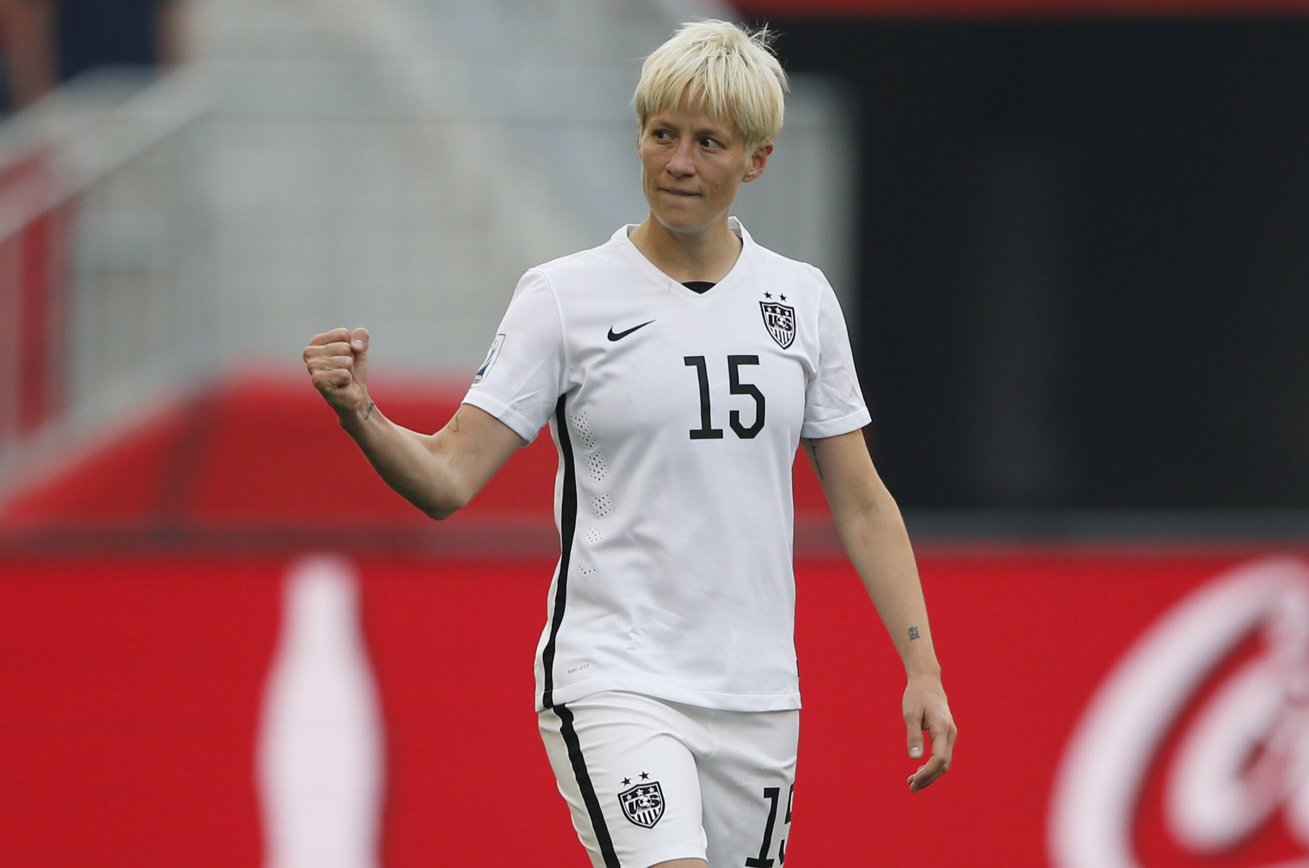 Jun 8, 2015; Winnipeg, Manitoba, CAN; United States midfielder Megan Rapinoe (15) celebrates after scoring against Australia in a Group D soccer match in the 2015 women's World Cup at Winnipeg Stadium. Mandatory Credit: USA TODAY Sports Images