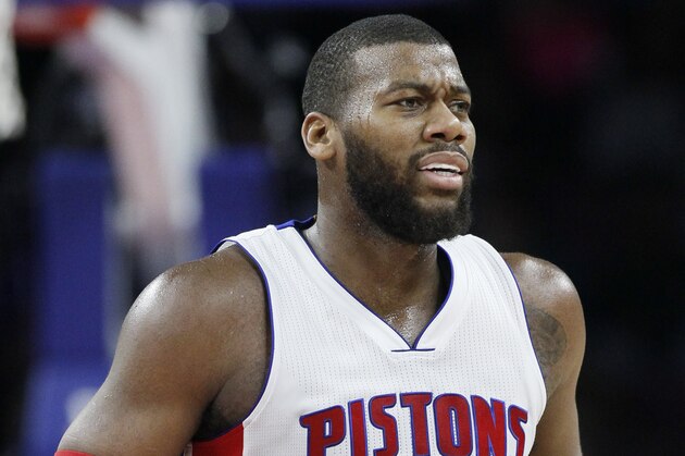 Detroit Pistons' Greg Monroe (10) runs up court against the Houston Rockets during the first half of an NBA basketball game Saturday, Jan. 31, 2015, in Auburn Hills, Mich. The Pistons defeated the Rockets 114-101. (AP Photo/Duane Burleson)