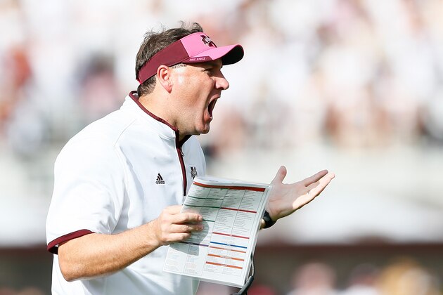 STARKVILLE, MS - OCTOBER 11:  Head coach Dan Mullen of the Mississippi State Bulldogs against the Auburn Tigers at Davis Wade Stadium on October 11, 2014 in Starkville, Mississippi.  (Photo by Kevin C. Cox/Getty Images)