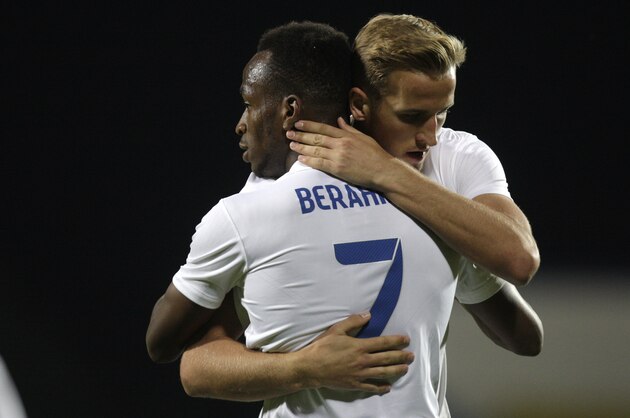 TIRASPOL, MOLDOVA - SEPTEMBER 9:  Harry Kane and Saido Berahino of England after the second goal during the Moldova v England UEFA U21 Championship Qualifier 2015 match at Stadionul Sheriff on September 9, 2014 in Tiraspol, Moldova. (Photo by Getty Images)