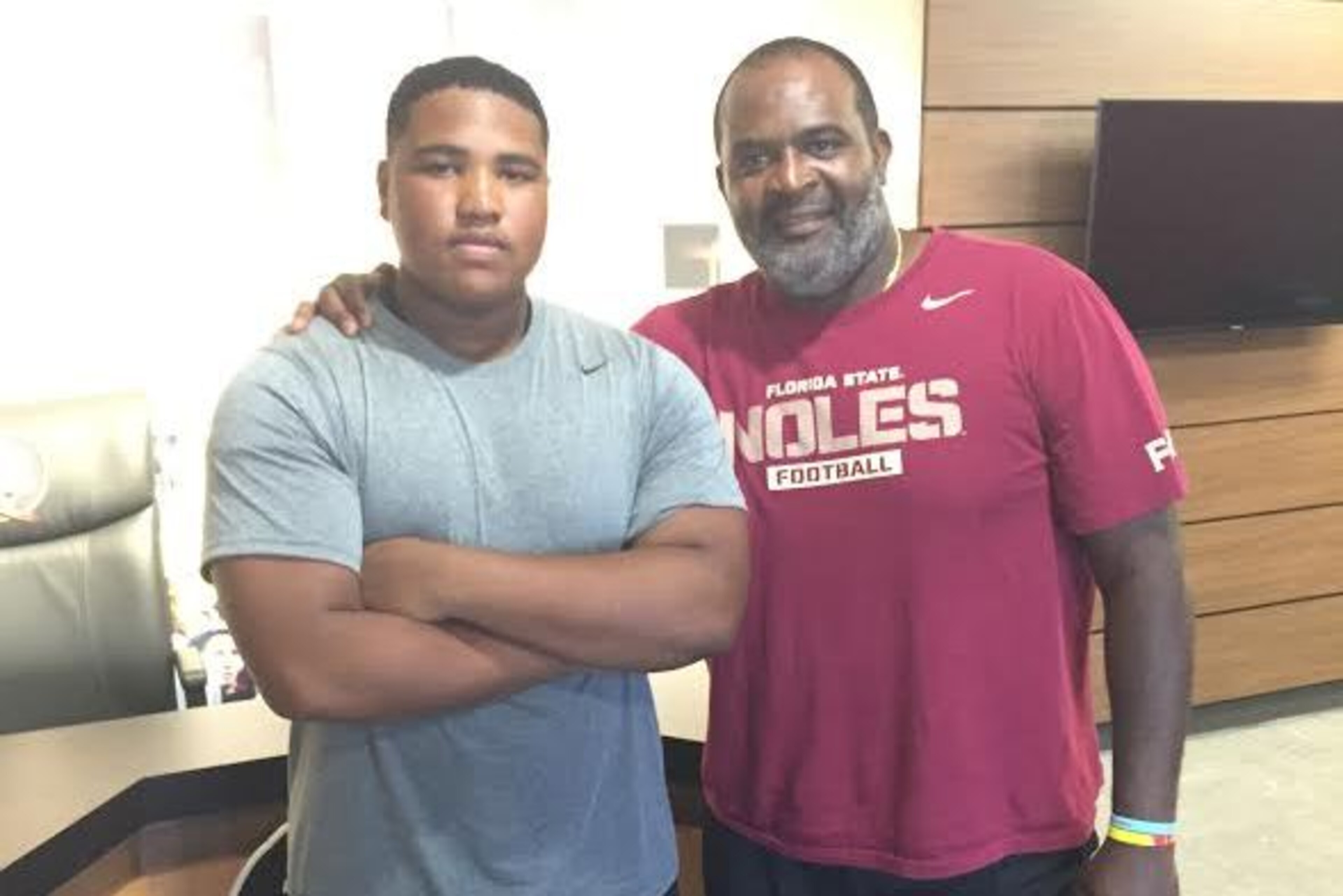 2019 defensive tackle Tru Thompson, here on the Florida State campus with defensive tackles coach Odell Haggins, became a story when he went to last week's FSU camp and picked up an offer. It's the first offer for the 300-pound athlete from Georgia.