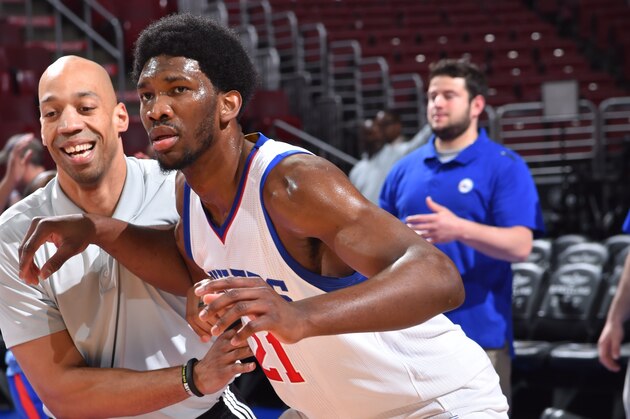 PHILADELPHIA,PA - APRIL 15: Joel Embiid #21 of the Philadelphia 76ers warms-up prior to the game against the Miami Heat at Wells Fargo Center on April 15, 2015 in Philadelphia, Pennsylvania NOTE TO USER: User expressly acknowledges and agrees that, by downloading and/or using this Photograph, user is consenting to the terms and conditions of the Getty Images License Agreement. Mandatory Copyright Notice: Copyright 2015 NBAE (Photo by Jesse D. Garrabrant/NBAE via Getty Images)