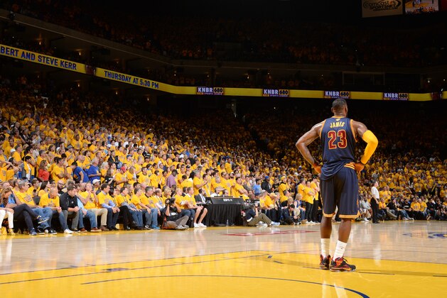 OAKLAND, CA - JUNE 14: LeBron James #23 of the Cleveland Cavaliers during Game Five of the 2015 NBA Finals at Oracle Arena on June 14, 2015 in Oakland, California. NOTE TO USER: User expressly acknowledges and agrees that, by downloading and/or using this Photograph, user is consenting to the terms and conditions of the Getty Images License Agreement. Mandatory Copyright Notice: Copyright 2015 NBAE (Photo by Andrew D. Bernstein/NBAE via Getty Images)