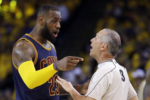 Cleveland Cavaliers forward LeBron James, left, talks with referee Jason Phillips during the second half of Game 5 of basketball's NBA Finals against the Golden State Warriors in Oakland, Calif., Sunday, June 14, 2015. (AP Photo/Ben Margot) Cleveland Cavaliers forward LeBron James, left, talks with referee Jason Phillips during the second half of Game 5 of basketball's NBA Finals against the Golden State Warriors in Oakland, Calif., Sunday, June 14, 2015. (AP Photo/Ben Margot)