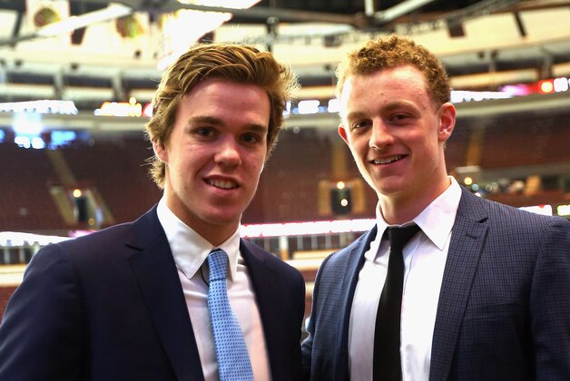 CHICAGO, IL - JUNE 08:  Upcoming NHL draft picks Connor McDavid (l) and Jack Eichel (r) take part in a  media availability at United Center on June 8, 2015 in Chicago, Illinois.  (Photo by Bruce Bennett/Getty Images)
