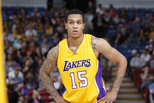 SACRAMENTO, CA - APRIL 13: Jabari Brown #15 of the Los Angeles Lakers looks on during the game against the Sacramento Kings on April 13, 2015 at Sleep Train Arena in Sacramento, California. NOTE TO USER: User expressly acknowledges and agrees that, by downloading and or using this photograph, User is consenting to the terms and conditions of the Getty Images Agreement. Mandatory Copyright Notice: Copyright 2015 NBAE (Photo by Rocky Widner/NBAE via Getty Images)
