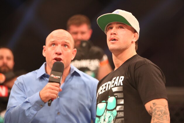 Brennan Ward is interviewed after his win against Curtis Millender at Bellator 134 on Friday, Feb. 27, 2015, in Uncasville, CT.  Ward won the fight via rear naked choke submission. (AP Photo/Gregory Payan)