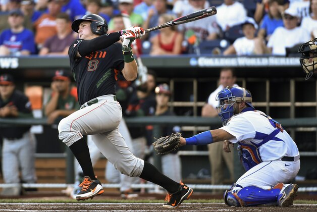 Miami's David Thompson follows through on a sacrifice fly in front of Florida catcher Mike Rivera, scoring George Iskenderian during the third inning of an NCAA College World Series baseball game in Omaha, Neb., Saturday, June 13, 2015. (AP Photo/Mike Theiler) Miami's David Thompson follows through on a sacrifice fly in front of Florida catcher Mike Rivera, scoring George Iskenderian during the third inning of an NCAA College World Series baseball game in Omaha, Neb., Saturday, June 13, 2015. (AP Photo/Mike Theiler)