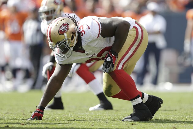 FILE - In this Aug. 26, 2012, file photo, San Francisco 49ers nose tackle Ian Williams (93) lines up against the Denver Broncos during an NFL preseason football game in Denver. As devastated as Ian Williams felt two years ago when he went undrafted out of Notre Dame, he can now look back on that moment and realize how much the rejection meant to his career. He landed with the San Francisco 49ers, and is the leading candidate to win the starting nose tackle job for the NFC champions as he begins his third NFL season. (AP Photo/Joe Mahoney, file)