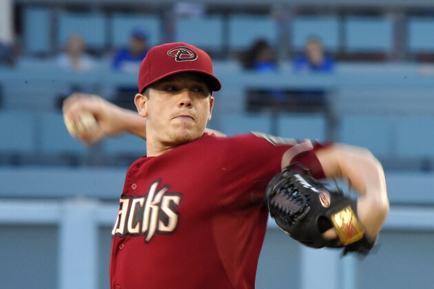 Arizona Diamondbacks starting pitcher Jeremy Hellickson throws to the plate during the first inning of a baseball game against the Los Angeles Dodgers, Wednesday, June 10, 2015, in Los Angeles. (AP Photo/Mark J. Terrill)