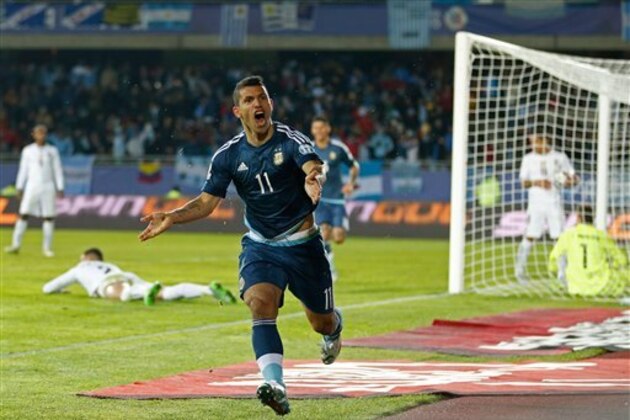 Argentina's Sergio Aguero celebrates after scoring the opening goal during a Copa America Group B soccer against Uruguay match at La Portada stadium in La Serena, Chile, Tuesday, June 16, 2015. (AP Photo/Andre Penner)