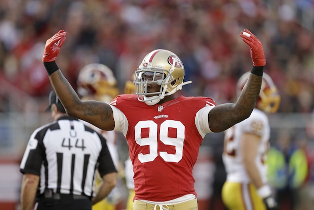 San Francisco 49ers linebacker Aldon Smith (99) against the Washington Redskins during the second quarter of an NFL football game in Santa Clara, Calif., Sunday, Nov. 23, 2014. (AP Photo/Ben Margot)
