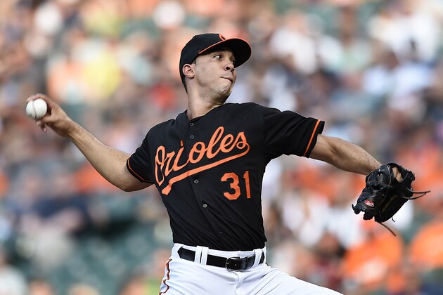 Baltimore Orioles starting pitcher Ubaldo Jimenez delivers against the New York Yankees in the first inning of a baseball game Friday, June 12, 2015, in Baltimore. (AP Photo/Gail Burton)