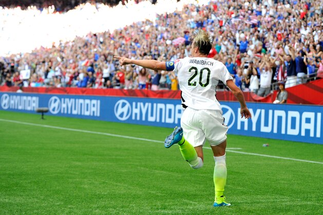 VANCOUVER, BC - JUNE 16:  Abby Wambach #20 of the United States celebrates scoring a goal in the first half against Nigeria in the Group D match of the FIFA Women's World Cup Canada 2015 at BC Place Stadium on June 16, 2015 in Vancouver, Canada.  (Photo by Rich Lam/Getty Images)