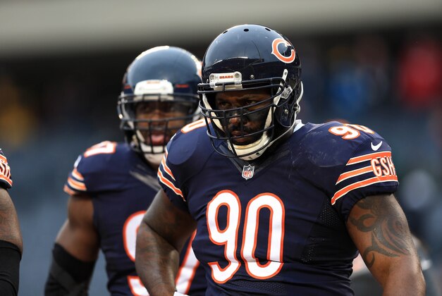 Dec 21, 2014; Chicago, IL, USA; Chicago Bears defensive tackle Jeremiah Ratliff (90) against the Detroit Lions at Soldier Field. The Lions defeated the Bears 20-14. Mandatory Credit: Andrew Weber-USA TODAY Sports