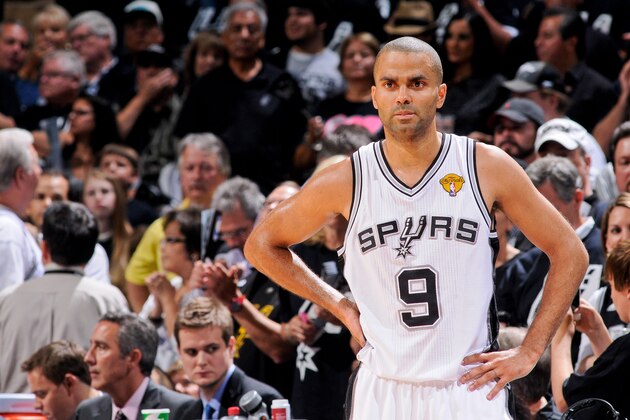 SAN ANTONIO, TX - JUNE 16: Tony Parker #9 of the San Antonio Spurs waits to resume play against the Miami Heat during Game Five of the 2013 NBA Finals on June 16, 2013 at AT&T Center in San Antonio, Texas. NOTE TO USER: User expressly acknowledges and agrees that, by downloading and or using this photograph, User is consenting to the terms and conditions of the Getty Images License Agreement. Mandatory Copyright Notice: Copyright 2013 NBAE (Photo by D. Clarke Evans/NBAE via Getty Images)