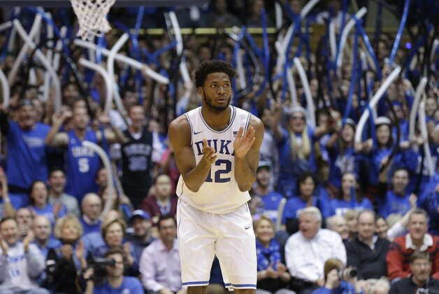 Duke's Justise Winslow (12) reacts during the first half of an NCAA college basketball game against Notre Dame in Durham, N.C., Saturday, Feb. 7, 2015. (AP Photo/Gerry Broome) Duke's Justise Winslow (12) reacts during the first half of an NCAA college basketball game against Notre Dame in Durham, N.C., Saturday, Feb. 7, 2015. (AP Photo/Gerry Broome)