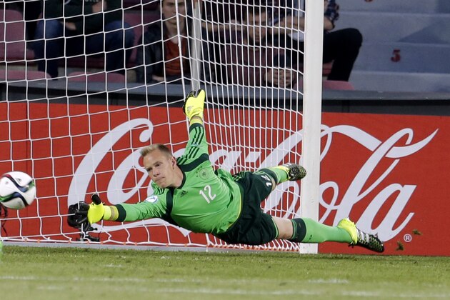 Germany’s goalkeeper Marc-Andre ter Stegen saves a shot on goal during their Euro U21 soccer championship group A match between Germany and Serbia, in Prague, Czech Republic, Wednesday, June 17, 2015. (AP Photo/Petr David Josek)