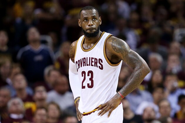 CLEVELAND, OH - JUNE 16:  LeBron James #23 of the Cleveland Cavaliers reacts in the third quarter against the Golden State Warriors during Game Six of the 2015 NBA Finals at Quicken Loans Arena on June 16, 2015 in Cleveland, Ohio. NOTE TO USER: User expressly acknowledges and agrees that, by downloading and or using this photograph, user is consenting to the terms and conditions of Getty Images License Agreement.  (Photo by Ezra Shaw/Getty Images)