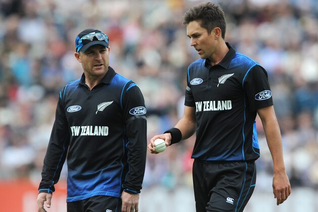 New Zealand's Brendon McCullum, left, and Trent Boult during the One Day International match between England and New Zealand at Edgbaston cricket ground in Birmingham, England, Tuesday, June 9, 2015. (AP Photo/Rui Vieira)