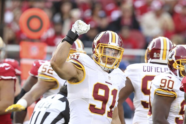 Washington Redskins Linebacker Ryan Kerrigan (91) in action during the second quarter in a game against the San Francisco 49ers at Levi's Stadium during an NFL game in Santa Clara, CA., on Sunday, Nov. 23, 2014. (AP Photo/David Seelig)