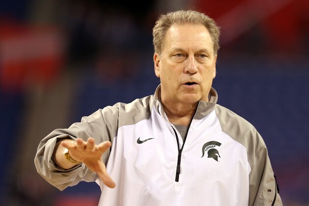 INDIANAPOLIS, IN - APRIL 03:  Head coach Tom Izzo of the Michigan State Spartans looks on during practice for the NCAA Men's Final Four at Lucas Oil Stadium on April 3, 2015 in Indianapolis, Indiana.  (Photo by Streeter Lecka/Getty Images)
