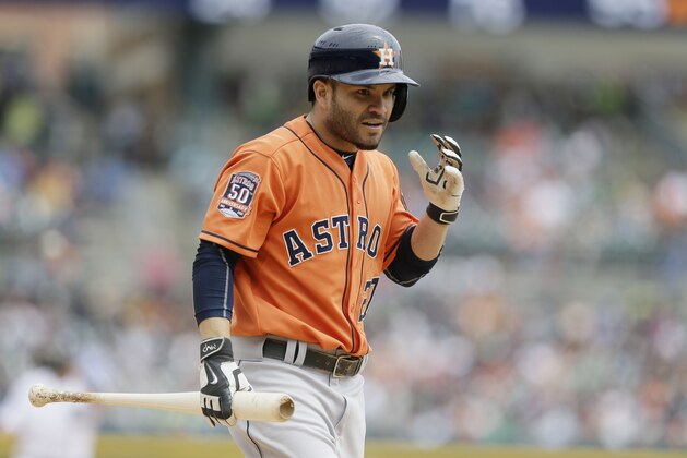 Houston Astros' Jose Altuve walks back to the dugout after striking out during the sixth inning of a baseball game against the Detroit Tigers, Thursday, May 21, 2015, in Detroit. (AP Photo/Carlos Osorio)