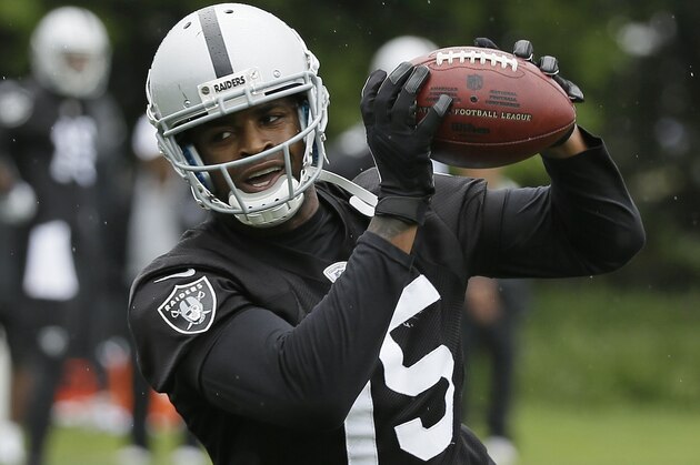 Oakland Raiders wide receiver Michael Crabtree during mini camp at an NFL football facility Wednesday, June 10, 2015, in Alameda, Calif. (AP Photo/Eric Risberg)