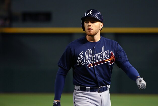 Jun 2, 2015; Phoenix, AZ, USA; Atlanta Braves first baseman Freddie Freeman against the Arizona Diamondbacks at Chase Field. Mandatory Credit: Mark J. Rebilas-USA TODAY Sports