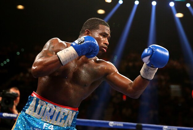 May 3, 2014; Las Vegas, NV, USA; Adrien Broner against Carlos Molina (not pictured) during their fight at MGM Grand. Mandatory Credit: Mark J. Rebilas-USA TODAY Sports