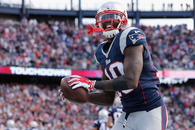 FOXBORO, MA - OCTOBER 26:  Brandon LaFell #19 of the New England Patriots reacts after catching a touchdown pass during the second quarter against the Chicago Bears at Gillette Stadium on October 26, 2014 in Foxboro, Massachusetts.  (Photo by Jim Rogash/Getty Images)
