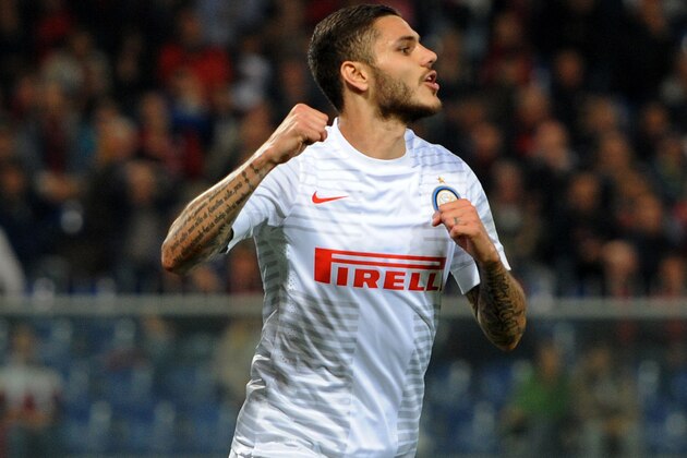 Inter Milan's Mauro Icardi celebrates after scoring against Genoa during a Serie A soccer match, in Genoa's Luigi Ferraris Stadium, Italy, Saturday, May 23, 2015. (AP Photo/Tano Pecoraro)