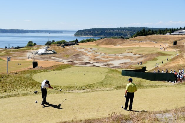 UNIVERSITY PLACE, WA - JUNE 17:  Sam Saunders of the United States plays a shot during a practice round prior to the start of the 115th U.S. Open Championship at Chambers Bay on June 17, 2015 in University Place, Washington.  (Photo by Harry How/Getty Images)