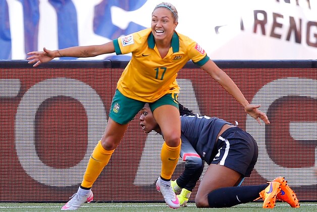 WINNIPEG, MB - JUNE 12: Kyah Simon #17 of Australia reacts after scoring her second goal past goalkeeper Precious Dede #1 of Nigeria during the FIFA Women's World Cup Canada 2015 match between Australia and Nigeria at Winnipeg Stadium on June 12, 2015 in Winnipeg, Canada. (Photo by Kevin C. Cox/Getty Images) WINNIPEG, MB - JUNE 12: Kyah Simon #17 of Australia reacts after scoring her second goal past goalkeeper Precious Dede #1 of Nigeria during the FIFA Women's World Cup Canada 2015 match between Australia and Nigeria at Winnipeg Stadium on June 12, 2015 in Winnipeg, Canada. (Photo by Kevin C. Cox/Getty Images)