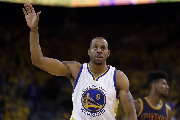 Golden State Warriors forward Andre Iguodala (9) reacts during the second half of Game 5 of basketball's NBA Finals  against the Cleveland Cavaliers in Oakland, Calif., Sunday, June 14, 2015. (AP Photo/Ben Margot)