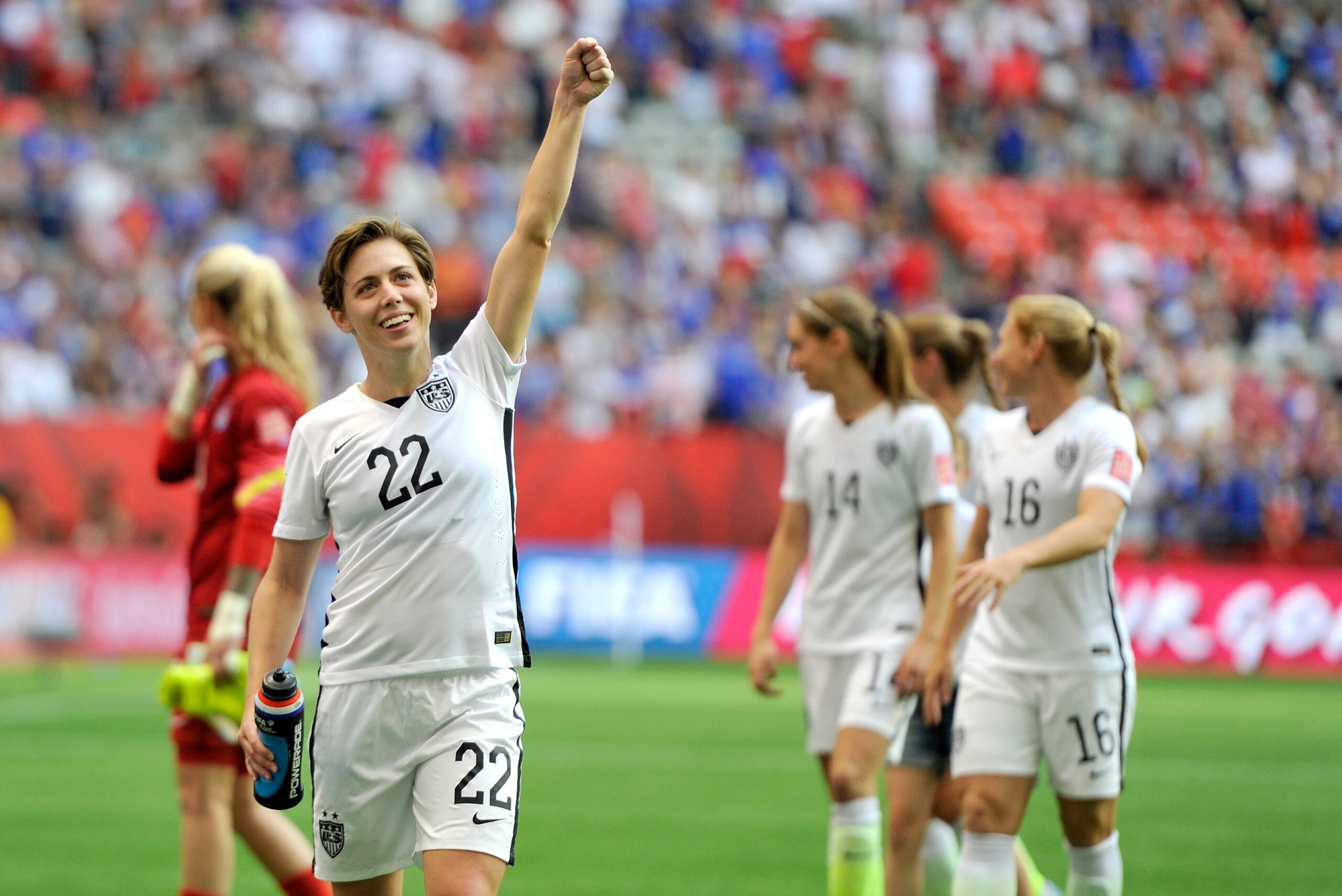 VANCOUVER, BC - JUNE 16:  Meghan Klingenberg #22 of the United States celebrates after the 1-0 victory against Nigeria in the Group D match of the FIFA Women's World Cup Canada 2015 at BC Place Stadium on June 16, 2015 in Vancouver, Canada.  (Photo by Rich Lam/Getty Images)