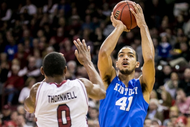 Jan 24, 2015; Columbia, SC, USA; Kentucky Wildcats forward Trey Lyles (41) shoots over South Carolina Gamecocks guard Sindarius Thornwell (0) in the first half at Colonial Life Arena. Mandatory Credit: Jeff Blake-USA TODAY Sports