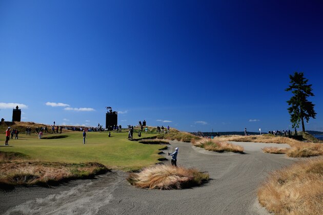 UNIVERSITY PLACE, WA - JUNE 17:  Rory McIlroy of Northern Ireland plays a bunker shot during a practice round prior to the start of the 115th U.S. Open Championship at Chambers Bay on June 17, 2015 in University Place, Washington.  (Photo by David Cannon/Getty Images)