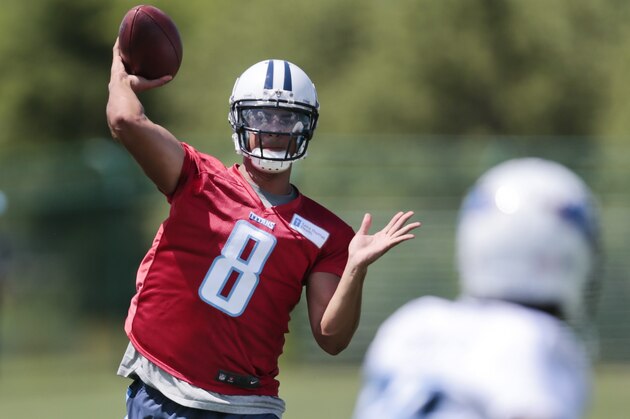 Tennessee Titans quarterback Marcus Mariota (8) passes during NFL football minicamp on Tuesday, June 16, 2015, in Nashville, Tenn. (AP Photo/Mark Humphrey)