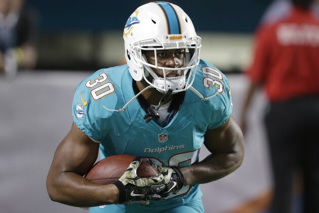 Miami Dolphins running back Daniel Thomas takes the ball during warmups before the start of an NFL football game against the Buffalo Bills, Thursday, Nov. 13, 2014 in Miami Gardens, Fla. (AP Photo/Lynne Sladky)